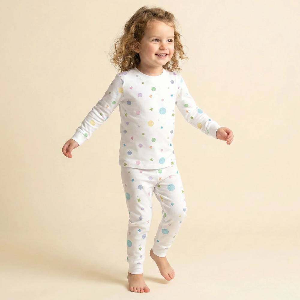 Peuter danst in witte pyjama met pastel-bubbel-print